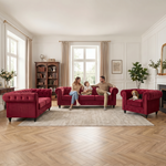 Chesterfield Velvet Sofa Suite, Red 3 Piece Set with Armchair, 2 Seater and 3 Seater Sofa, Button Back