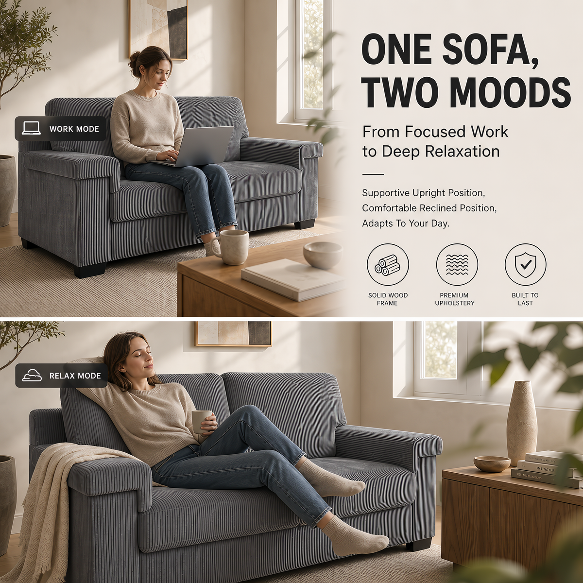 Enzo Grey Corduroy Sofa Set, 2 and 3 Seater Fabric Sofas with Adjustable Backs, Thick Foam Cushions