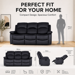 Recliner Sofa 3 Seater, Black Faux Leather, Manual Reclining Couch with Pop-Out Footrests, Wipe-Clean, Steel Frame