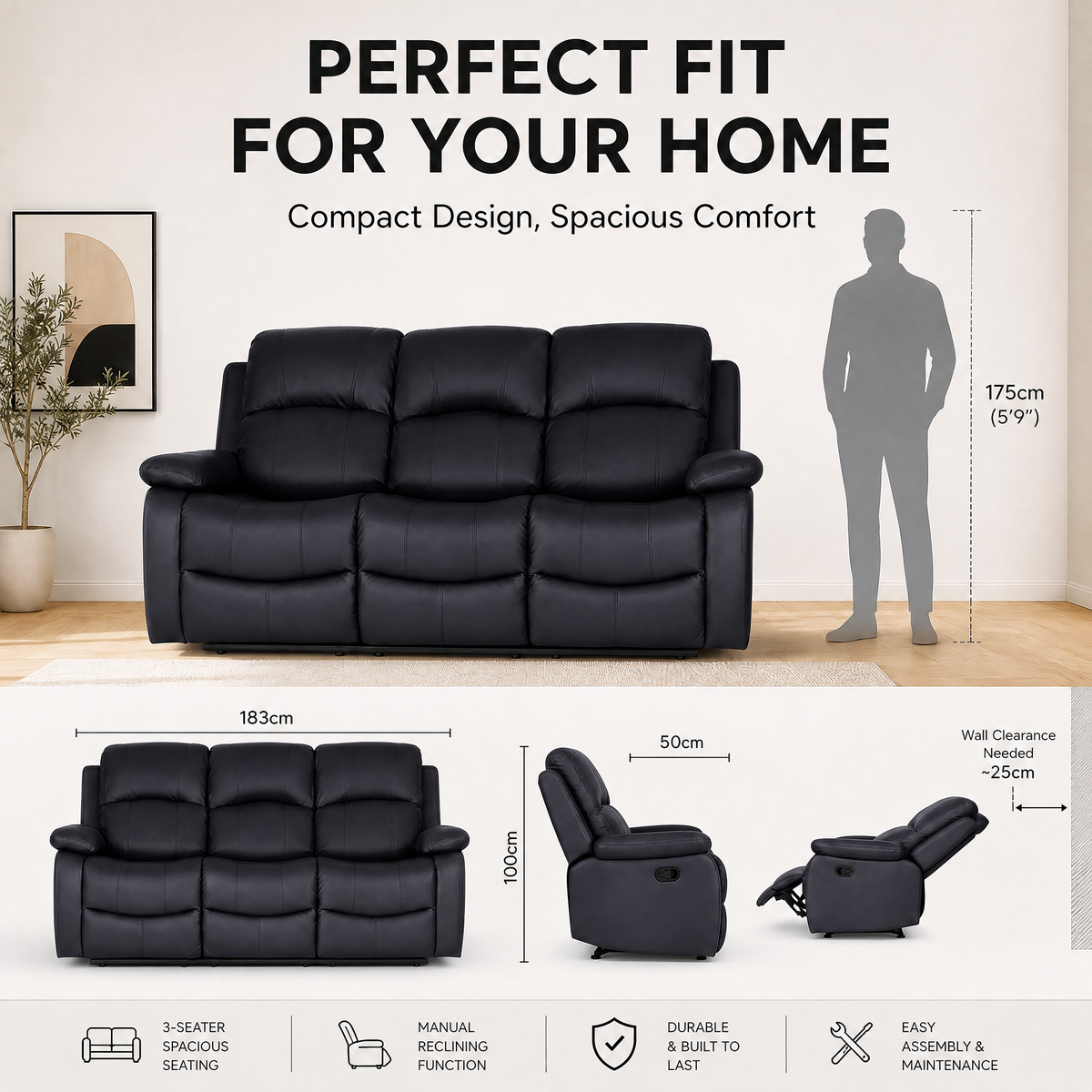 Recliner Sofa 3 Seater, Black Faux Leather, Manual Reclining Couch with Pop-Out Footrests, Wipe-Clean, Steel Frame