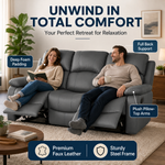 Recliner Sofa 3 Seater, Charcoal Grey Faux Leather, Manual Reclining Settee with Pop-Out Footrests, Steel Frame