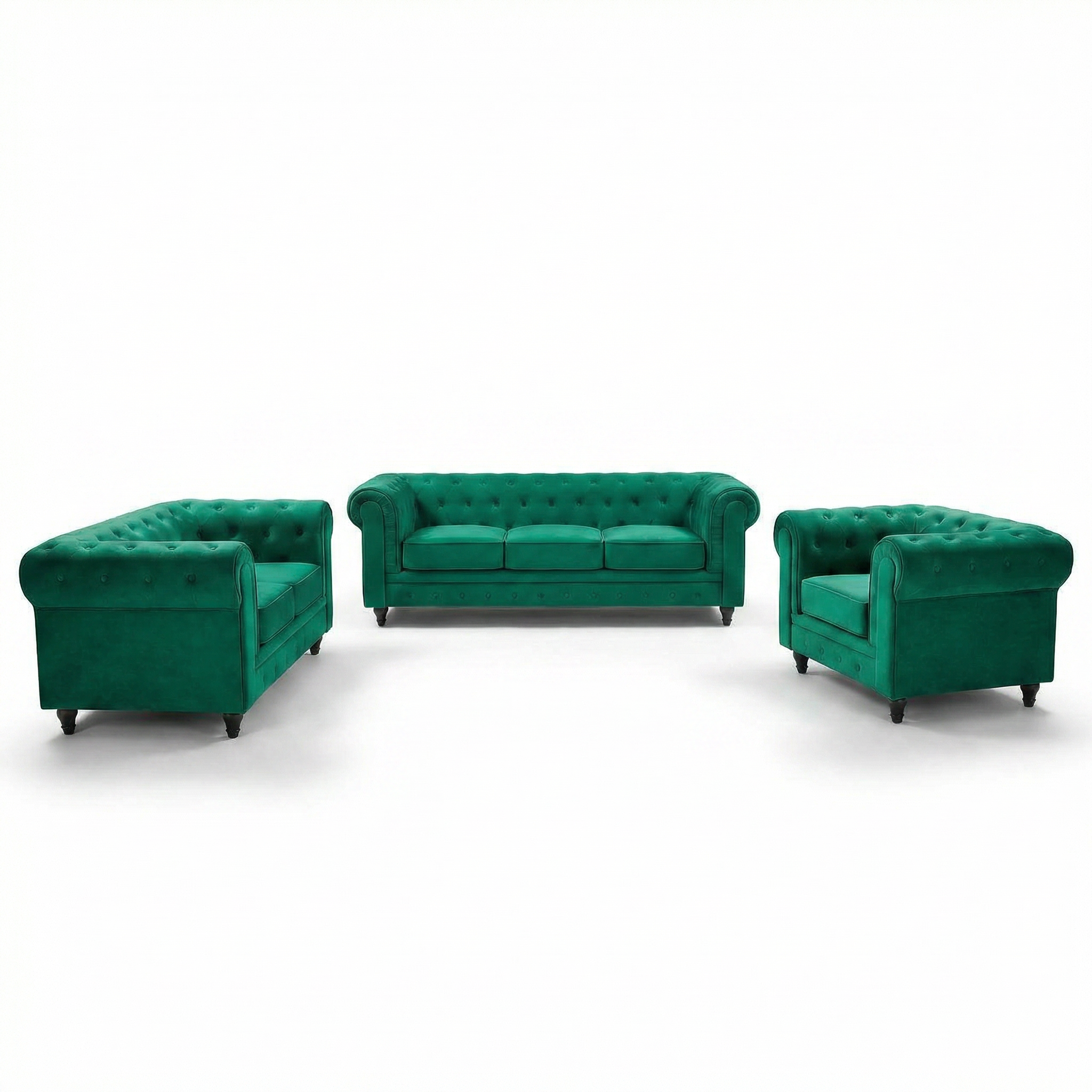 Chesterfield Velvet Sofa Suite, Emerald Green, 3 Piece Set with Armchair, 2 Seater and 3 Seater, Button Back