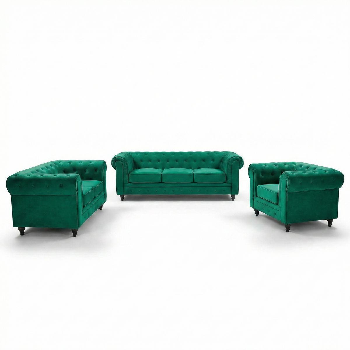Chesterfield Velvet Sofa Suite, Emerald Green, 3 Piece Set with Armchair, 2 Seater and 3 Seater, Button Back