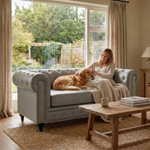 Chesterfield Grey Faux Leather Sofa, 2 Seater Settee with Rolled Arms, Button Back and Gold Studs