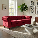 Chesterfield Velvet 3 Seater Sofa in Wine Red, Button Tufted Settee with Scroll Arms and Solid Wood Frame
