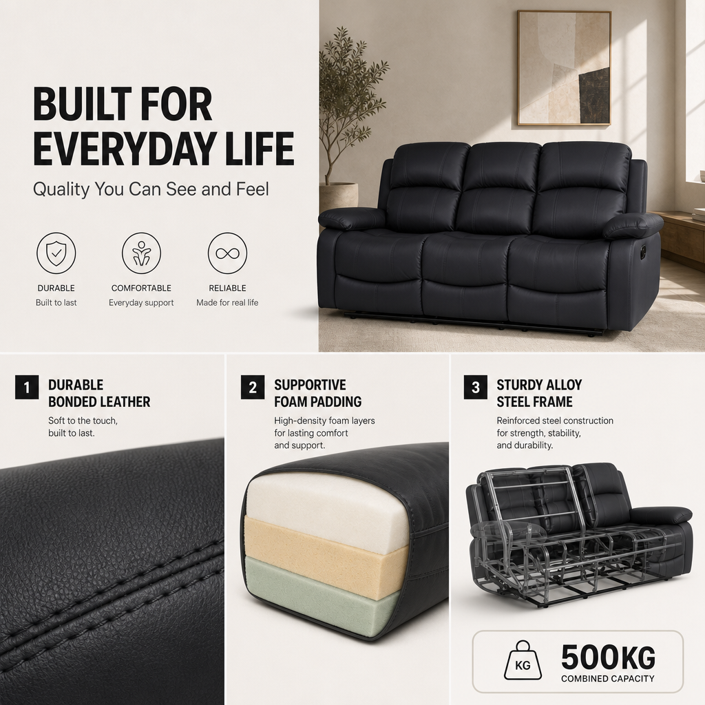 Recliner Sofa Set 2 and 3 Seater, Black Faux Leather, Manual Reclining Sofas with Footrests, Seats 5, Steel Frame