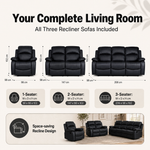 Recliner Sofa Suite 3 Piece, Black Faux Leather, Armchair, 2 Seater and 3 Seater, Manual Recline with Footrests