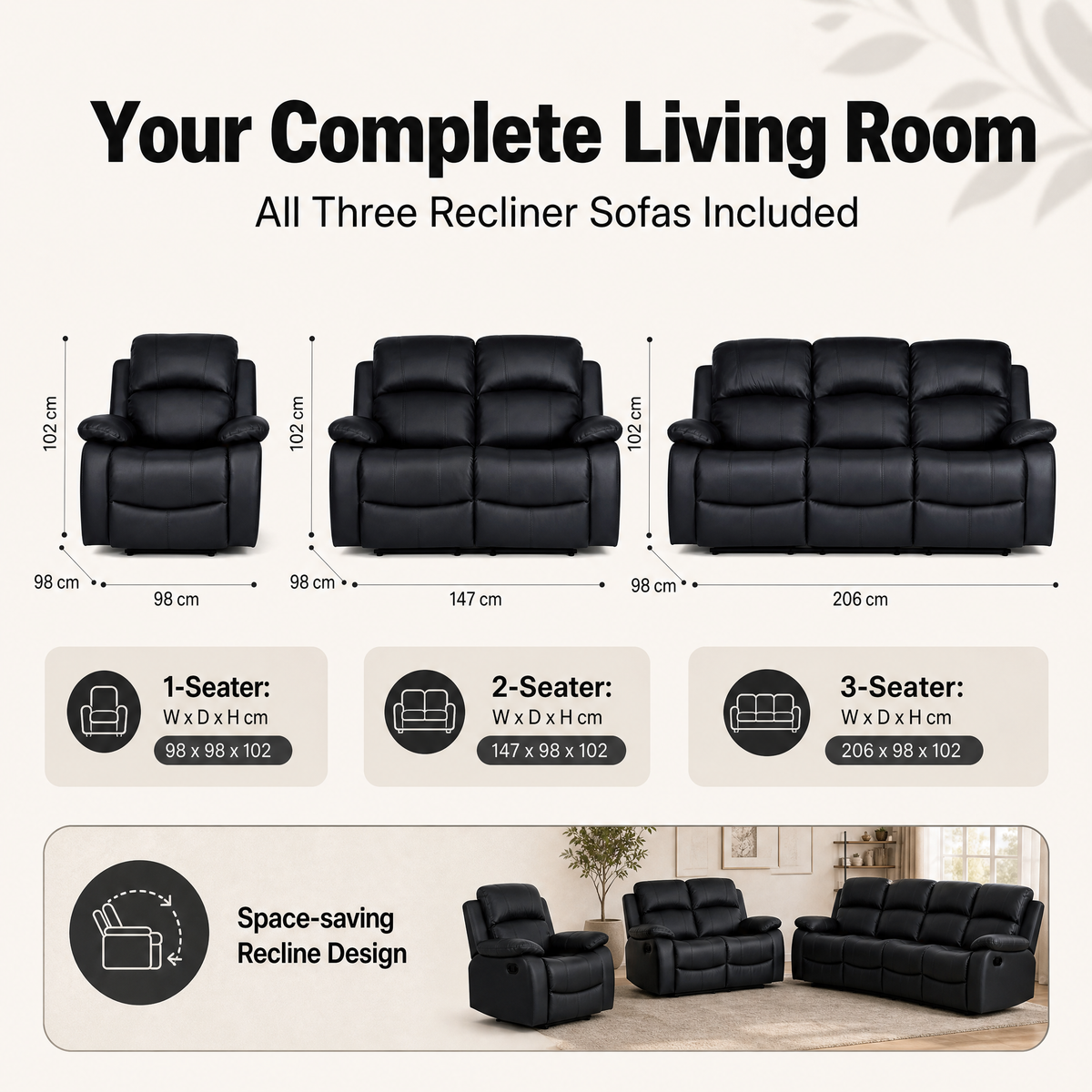 Recliner Sofa Suite 3 Piece, Black Faux Leather, Armchair, 2 Seater and 3 Seater, Manual Recline with Footrests