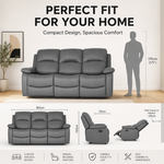 Recliner Sofa 3 Seater, Charcoal Grey Faux Leather, Manual Reclining Settee with Pop-Out Footrests, Steel Frame