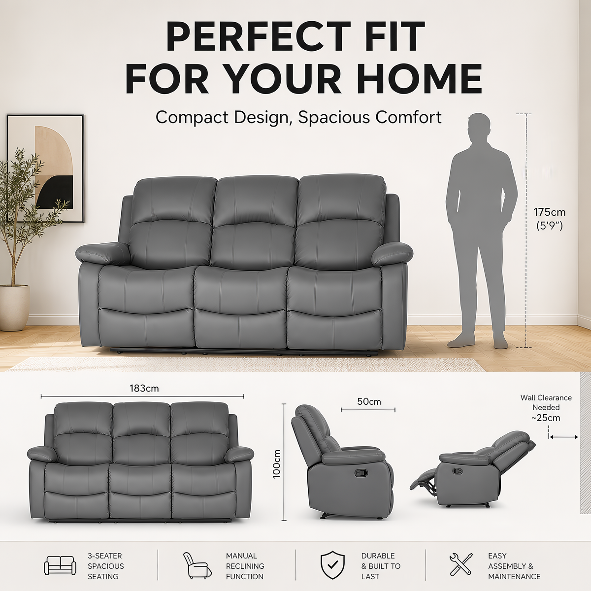 Recliner Sofa 3 Seater, Charcoal Grey Faux Leather, Manual Reclining Settee with Pop-Out Footrests, Steel Frame