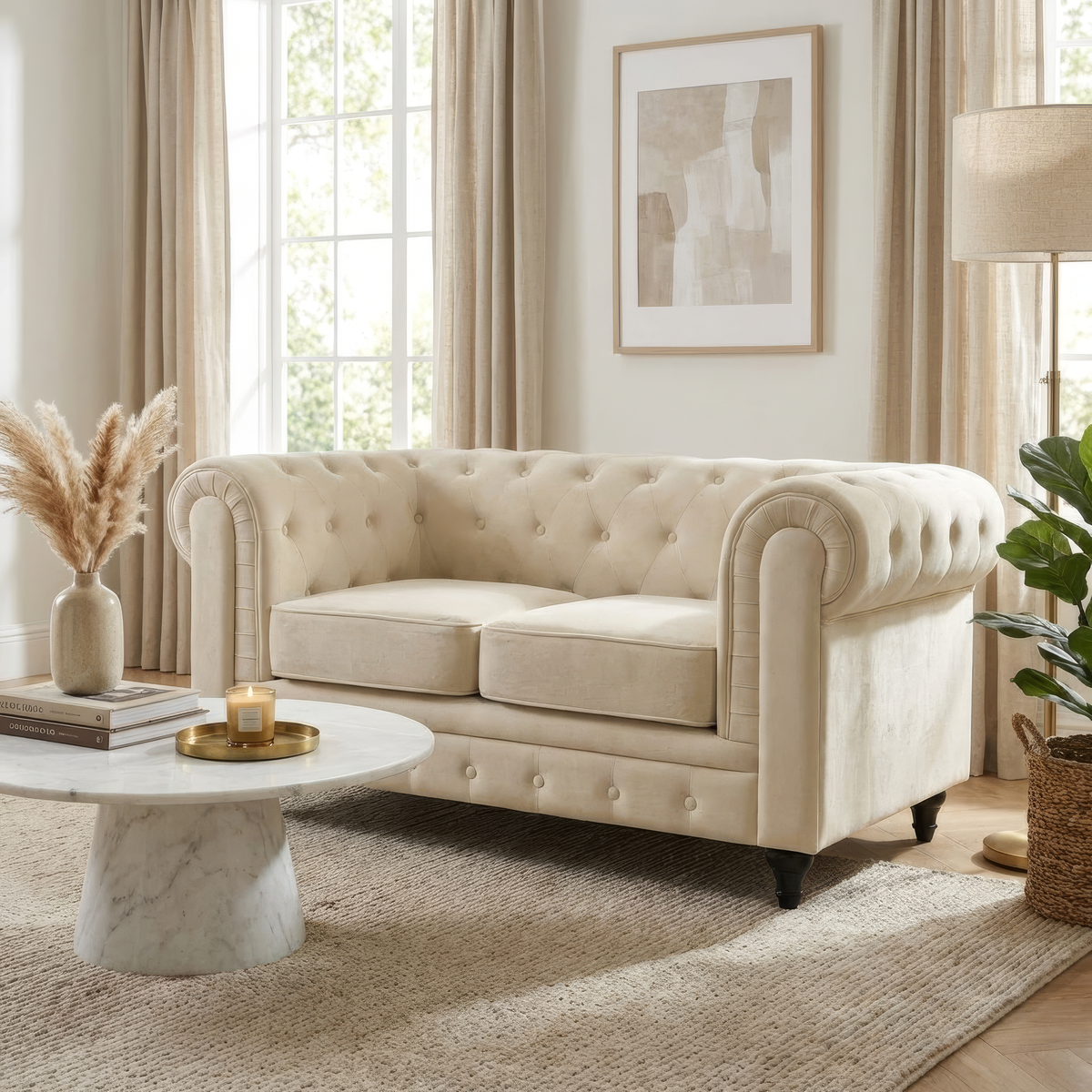 Chesterfield Velvet Sofa Set, Cream 2 and 3 Seater Sofas, Button Tufted Back, Scroll Arms and Solid Wood Frame