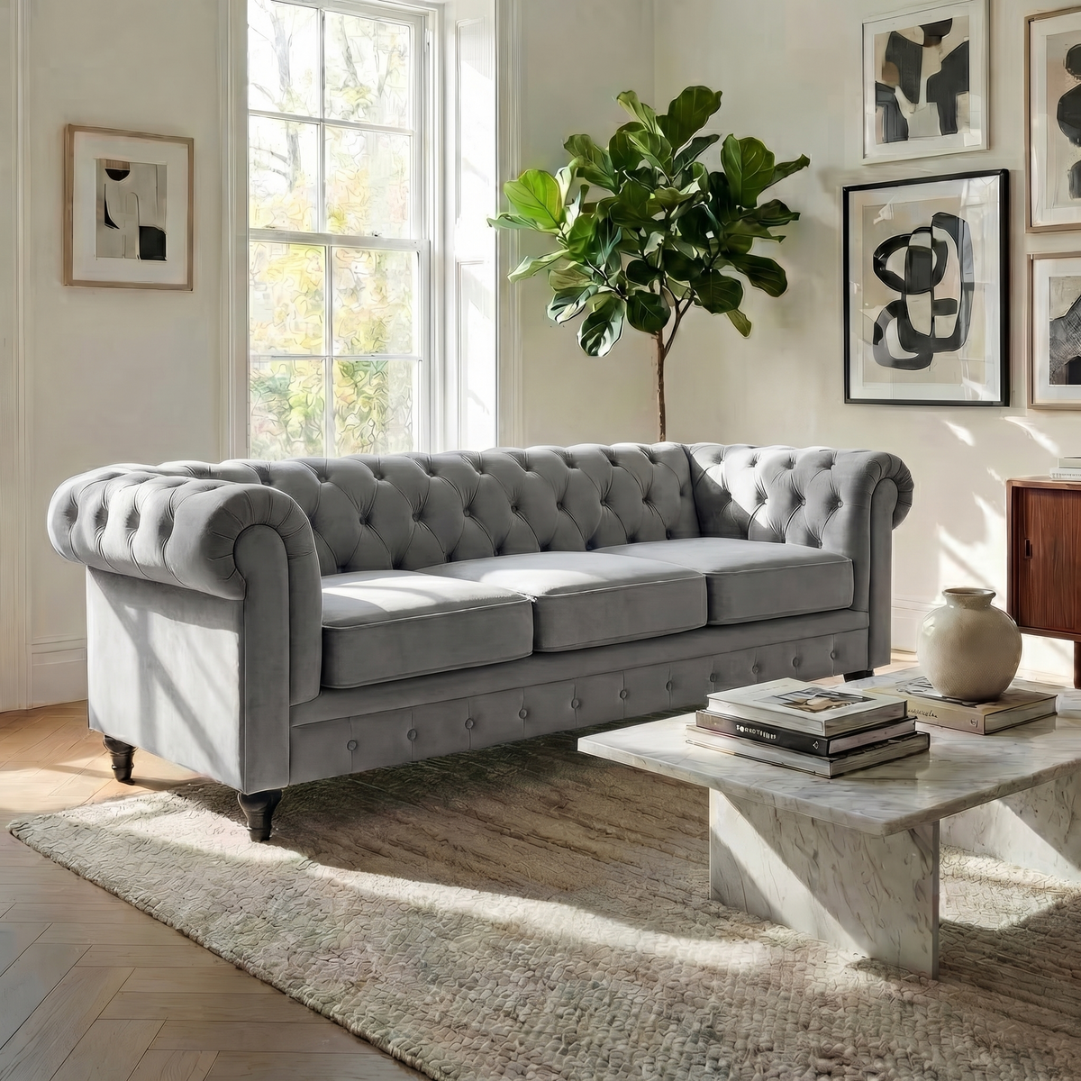 Chesterfield Velvet Sofa Set, Grey 2 and 3 Seater Sofas, Button Tufted Back, Scroll Arms and Solid Wood Frame