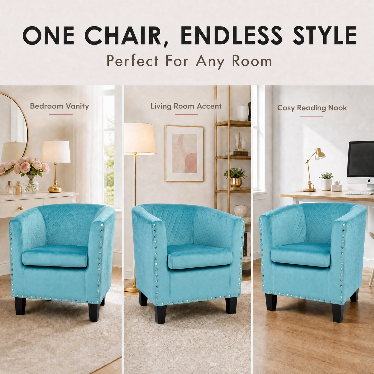 Stilo Light Blue Velvet Tub Chair, Compact Accent Armchair with Tufted Back for Bedroom, Dressing Table or Living Room