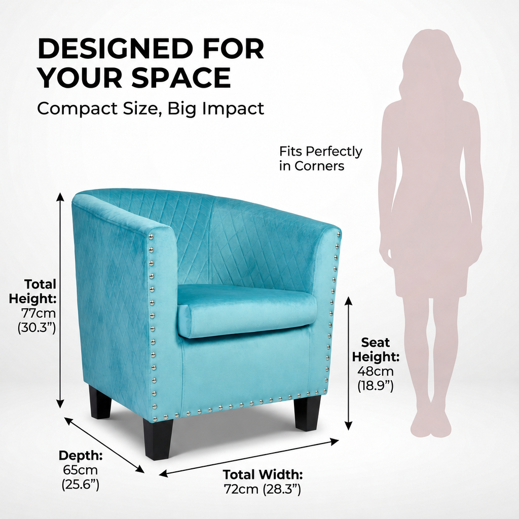 Stilo Light Blue Velvet Tub Chair, Compact Accent Armchair with Tufted Back for Bedroom, Dressing Table or Living Room