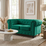 Chesterfield Velvet Sofa Set, Jade Green 2 and 3 Seater Sofas, Button Tufted Back, Scroll Arms and Solid Wood Frame