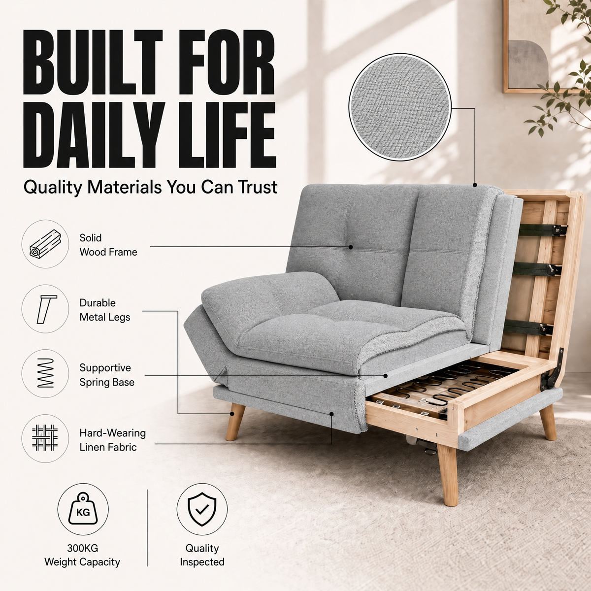 Soho Click Clack Sofa Bed, Light Grey Linen Blend 3 Seater 4-in-1 Convertible Sofa with Drinks Table and Cup Holders