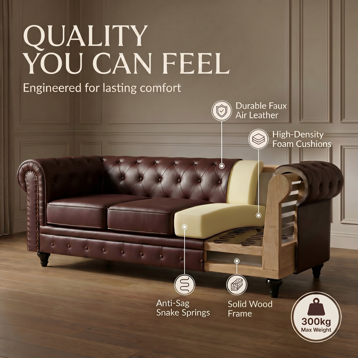 Chesterfield Brown Faux Leather Sofa Set, 2 and 3 Seater Settees with Rolled Arms, Button Backs and Gold Studs