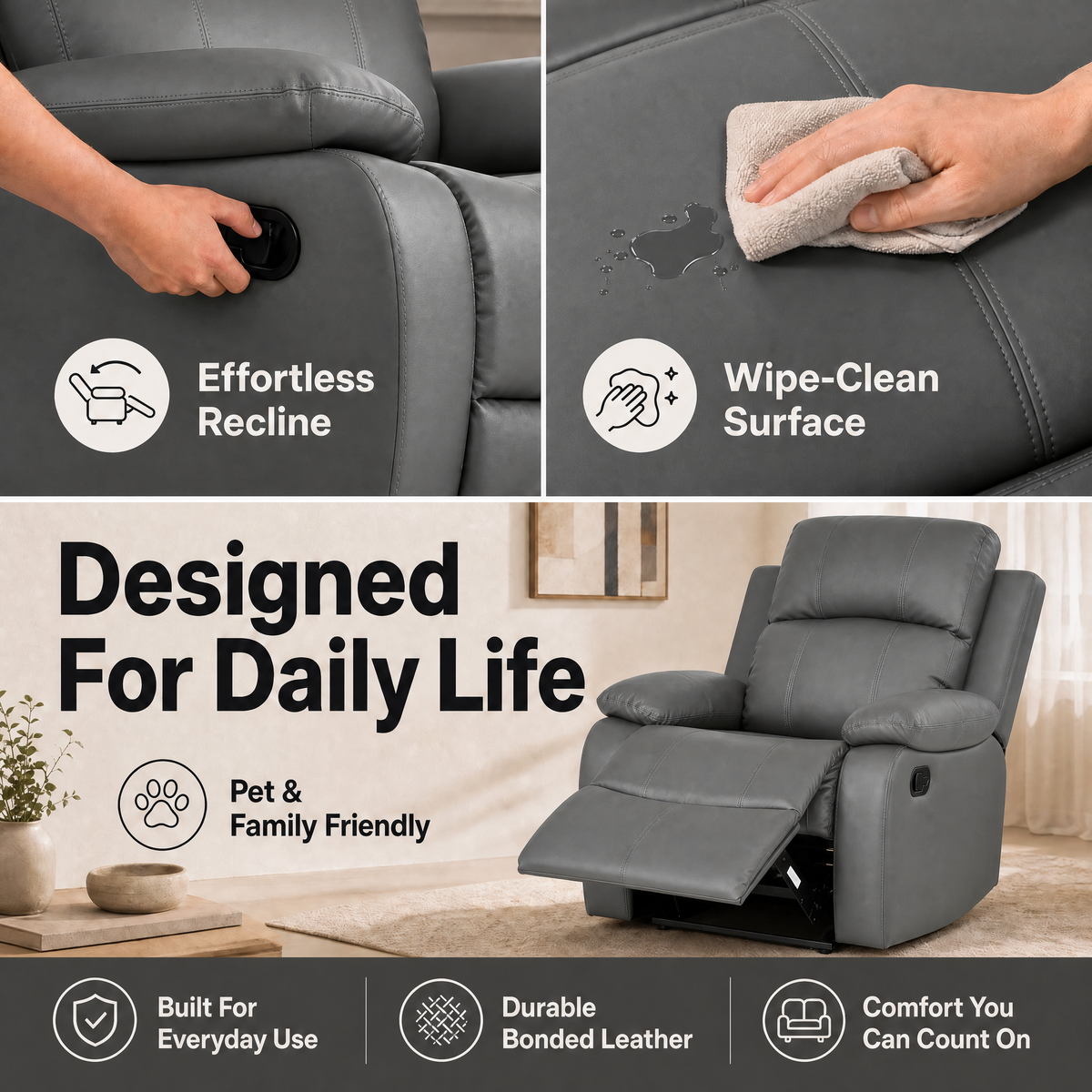Recliner Sofa Suite 3 Piece, Charcoal Grey Faux Leather, Armchair, 2 Seater and 3 Seater, Manual Reclining Set