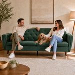 Victoria Velvet Sofa Bed, Emerald Green 3 Seater Click Clack Sofa Bed with Split Back, Button Tufting and Gold Legs