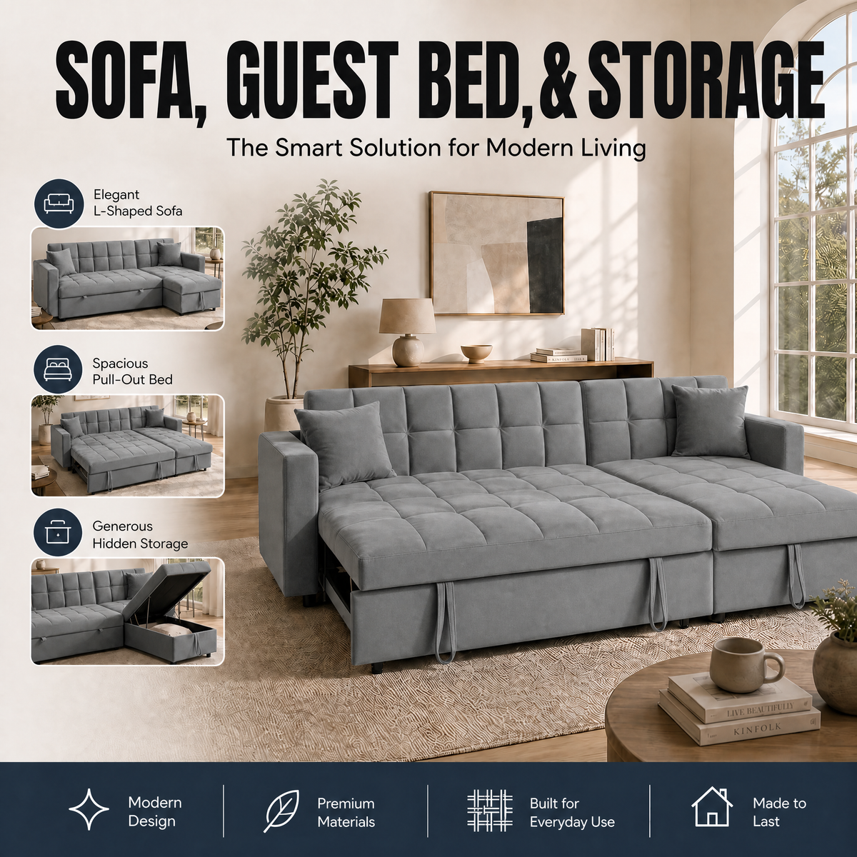 Milo Grey Corner Sofa Bed with Storage - Velvet Sofa Bed & Pull Out Bed