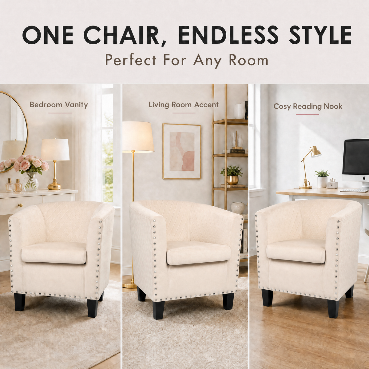 Cream Velvet Tub Chair, Stilo Compact Accent Armchair with Tufted Back, Dressing Table and Bedroom Chair