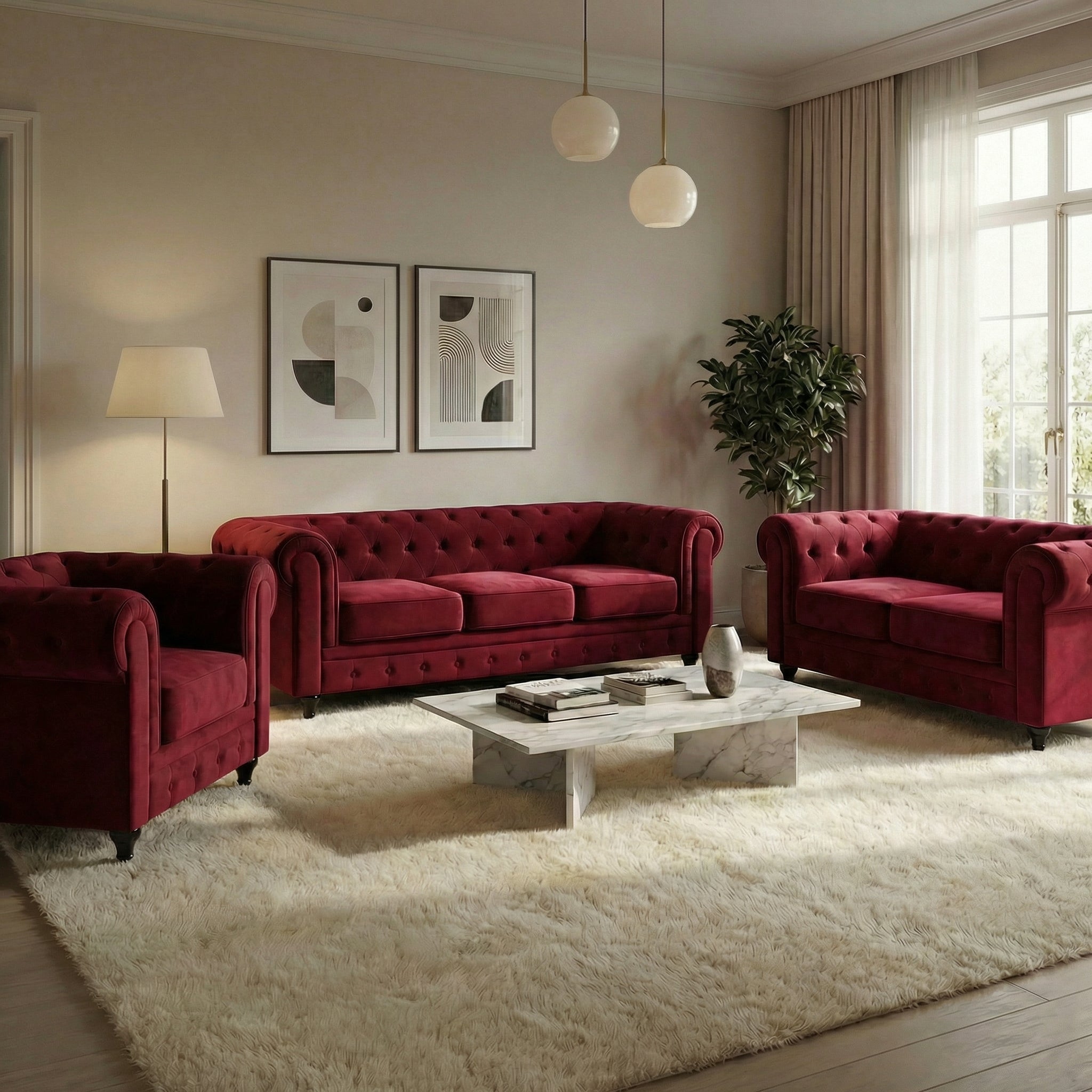 Canapé Chesterfield en velours rouge vin