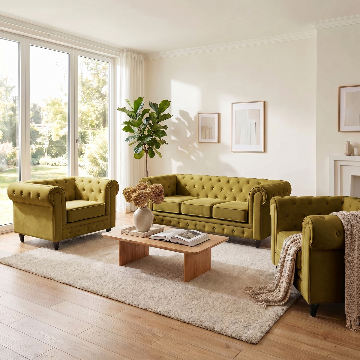 Canapé Chesterfield en velours olive doré