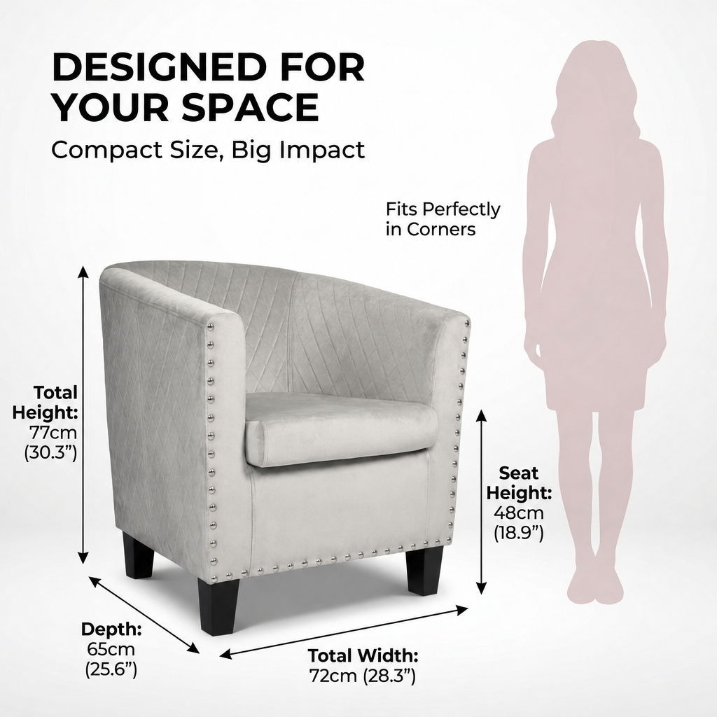 Light Grey Velvet Tub Chair, Stilo Compact Accent Armchair with Tufted Back, Dressing Table and Bedroom Chair