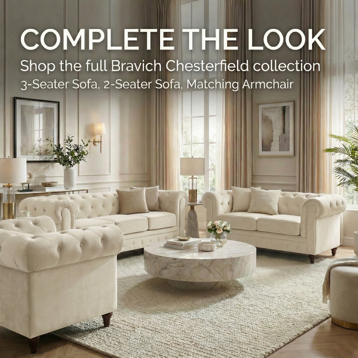 Canapé Chesterfield en velours crème
