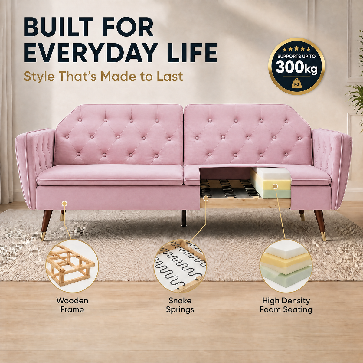 Victoria Velvet Sofa Bed, Rose Pink, 3 Seater Click Clack Double Sofa Bed with Split Back and Gold Legs