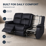 Recliner Sofa 3 Seater, Black Faux Leather, Manual Reclining Couch with Pop-Out Footrests, Wipe-Clean, Steel Frame