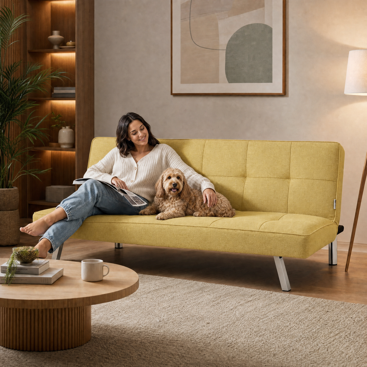 Britney Yellow Click Clack Sofa Bed, 3 Seater Linen Blend Fabric Settee, Converts to Double Bed, Chrome Legs