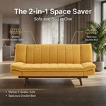 Mondaine Mustard Yellow Velvet Sofa Bed, 3 Seater Click Clack Double Bed 188 x 112cm with Wooden Legs, Seats 3 Sleeps 2