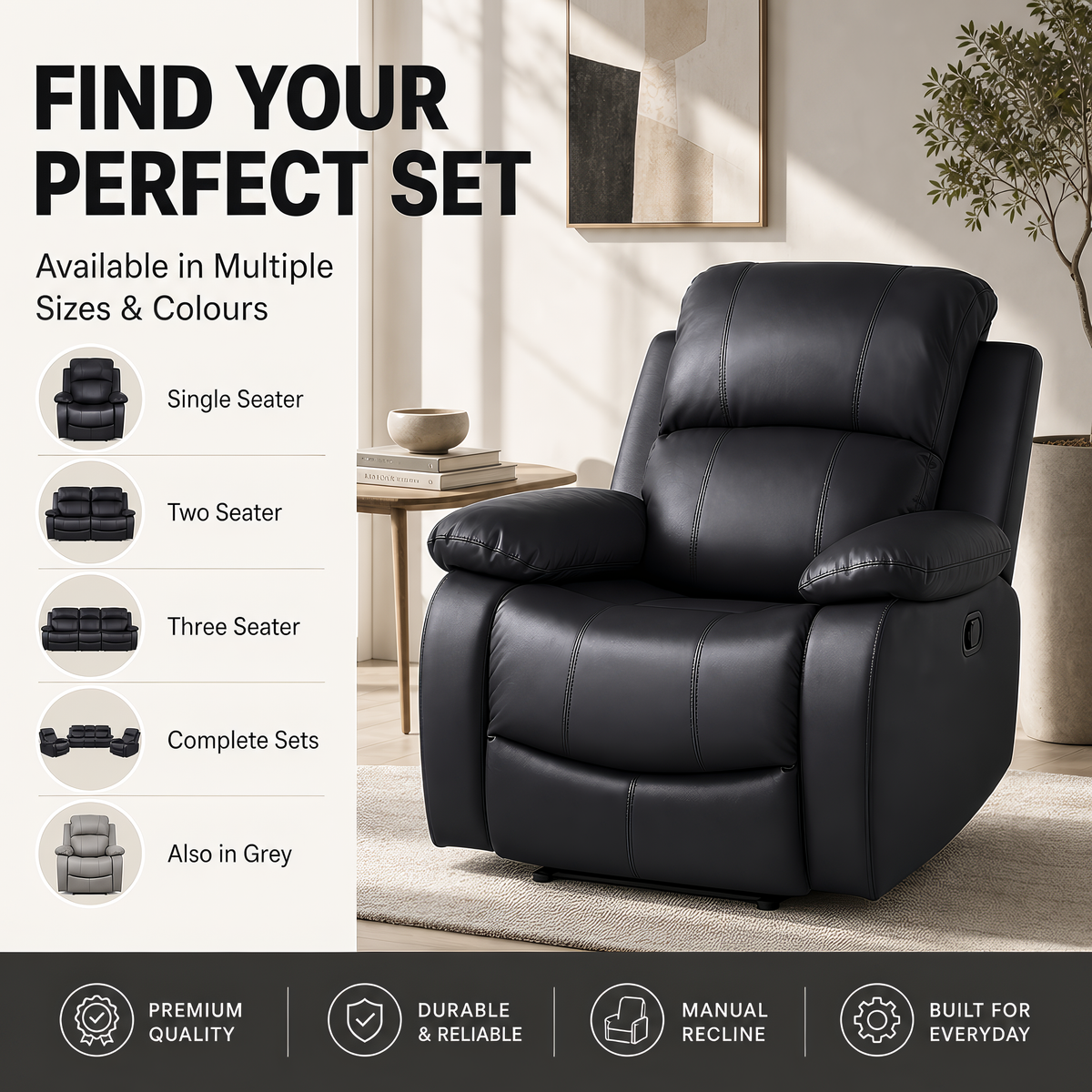 Black Faux Leather Recliner Armchair, Manual Reclining Chair with Footrest, Padded Cinema Style Seat