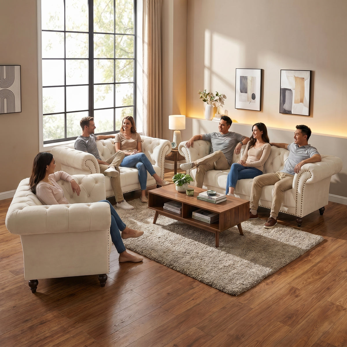 Canapé Chesterfield en velours crème
