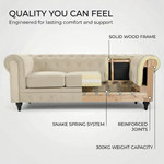 Chesterfield Velvet Sofa Suite, Cream 3 Piece Set with Armchair, 2 Seater and 3 Seater Sofa, Button Back