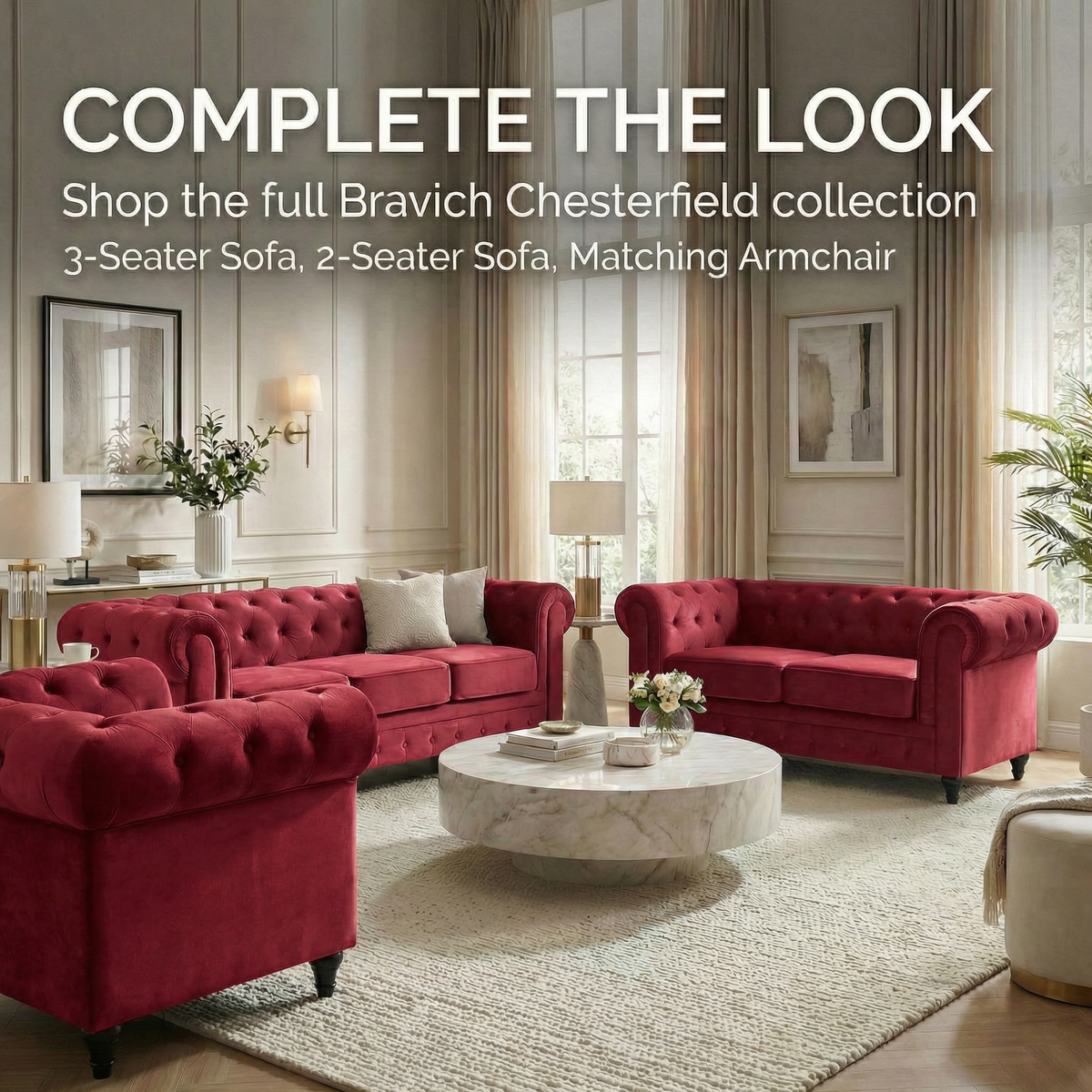 Canapé Chesterfield en velours rouge vin