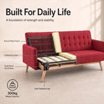 Mario Red Click Clack Sofa Bed, 3 Seater Linen Blend Settee with Guest Bed and Slanted Wooden Legs