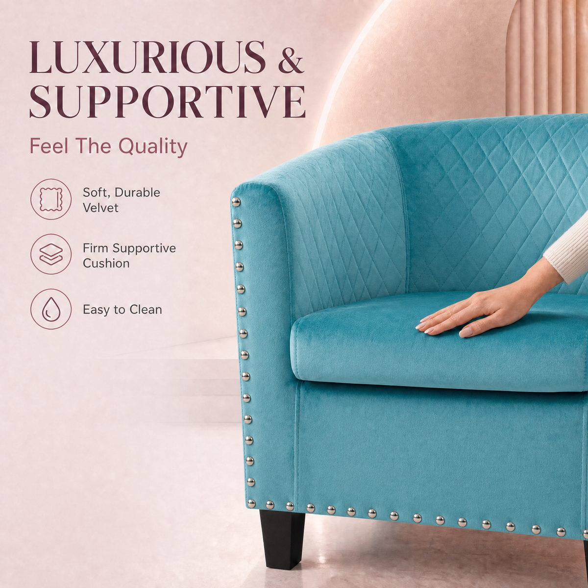 Stilo Light Blue Velvet Tub Chair, Compact Accent Armchair with Tufted Back for Bedroom, Dressing Table or Living Room