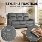 Recliner Sofa 3 Seater, Charcoal Grey Faux Leather, Manual Reclining Settee with Pop-Out Footrests, Steel Frame