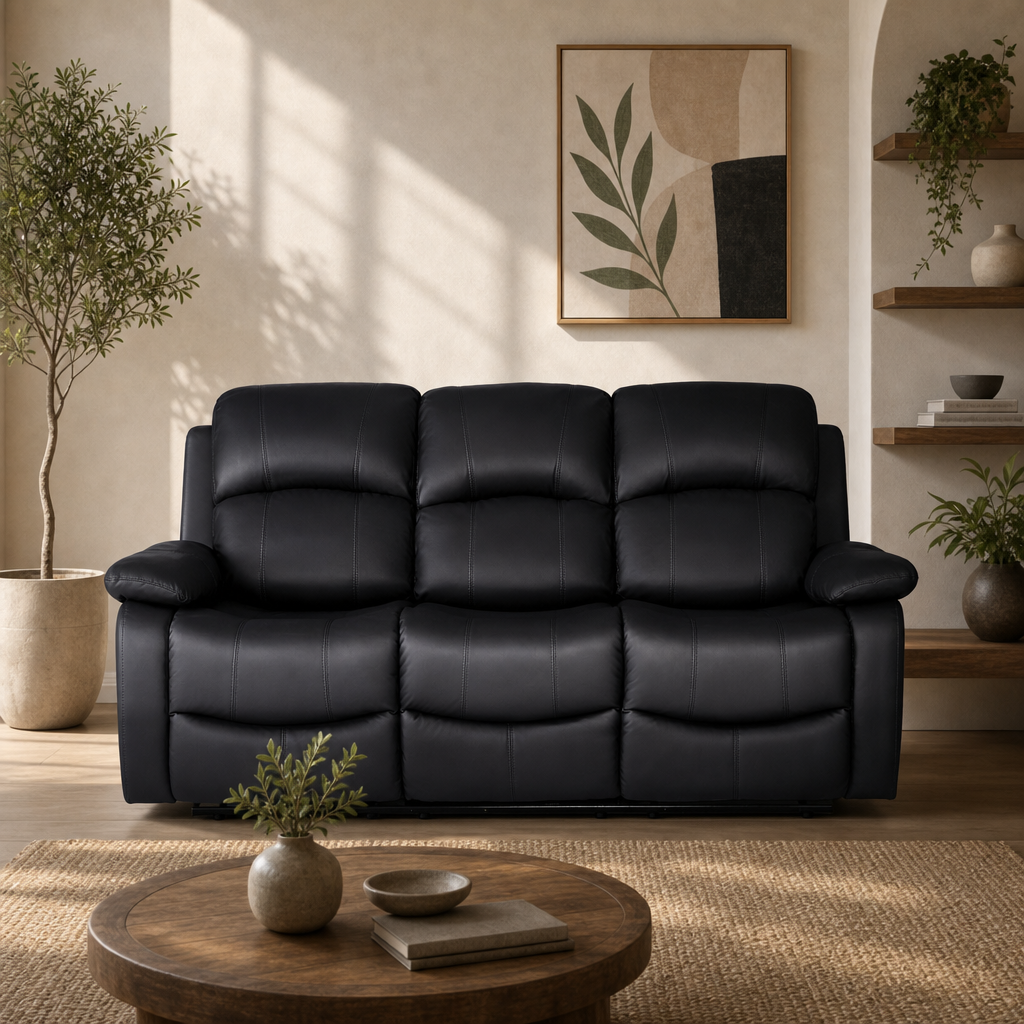 Recliner Sofa Suite 3 Piece, Black Faux Leather, Armchair, 2 Seater and 3 Seater, Manual Recline with Footrests