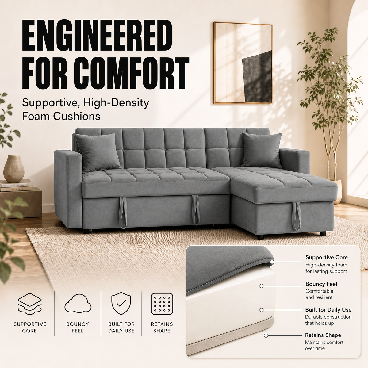 Milo Grey Corner Sofa Bed with Storage - Velvet Sofa Bed & Pull Out Bed