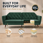 Victoria Velvet Sofa Bed, Emerald Green 3 Seater Click Clack Sofa Bed with Split Back, Button Tufting and Gold Legs