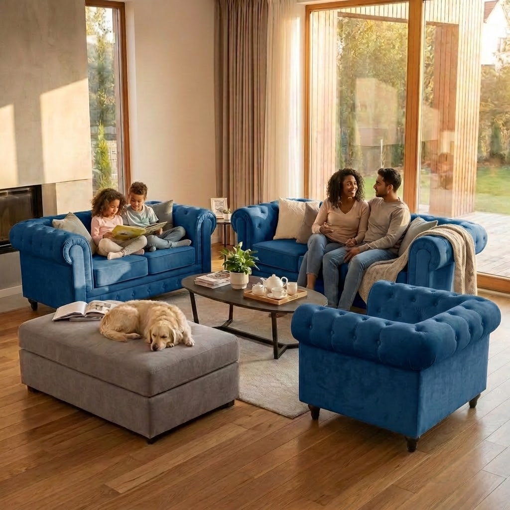 Chesterfield Velvet Sofa Set, Navy Blue 2 and 3 Seater Sofas, Button Tufted Back, Scroll Arms and Solid Wood Frame