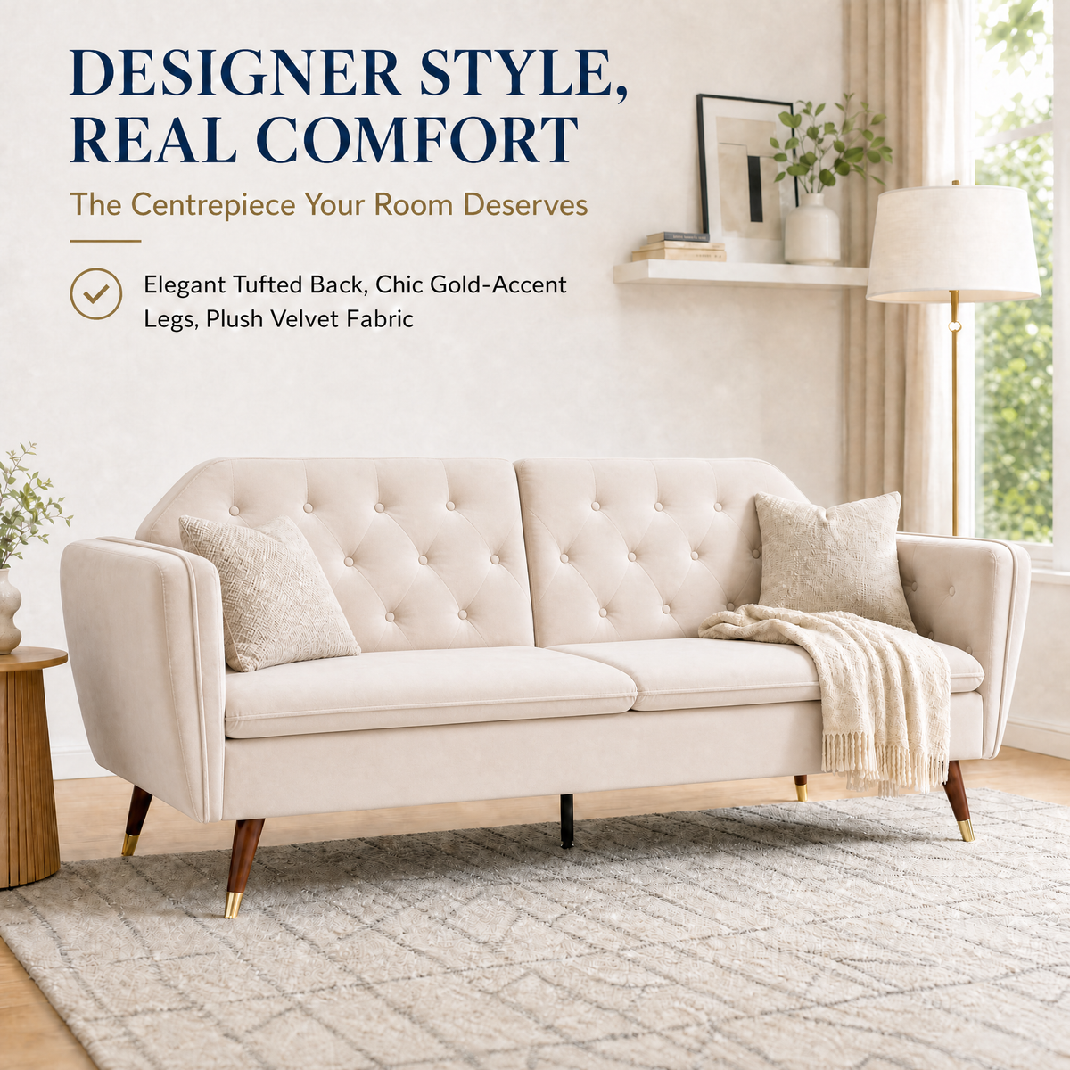 Victoria Velvet Sofa Bed, Cream, 3 Seater Click Clack Double Sofa Bed with Split Back and Gold Legs