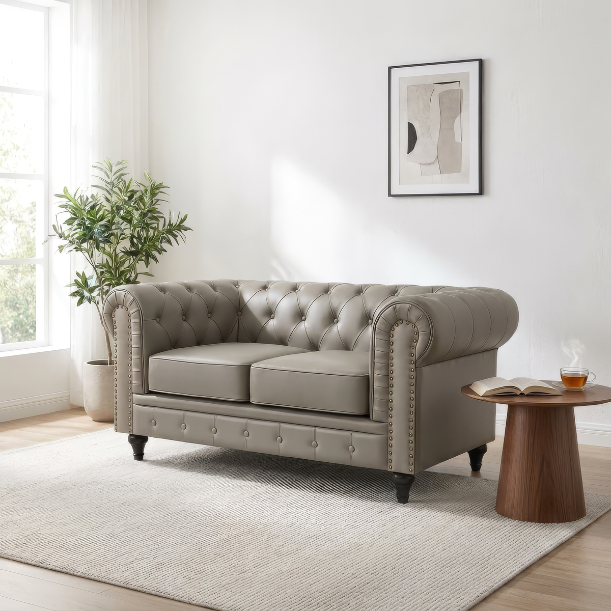 Chesterfield Grey Faux Leather Sofa Set, 2 and 3 Seater Settees with Rolled Arms, Button Backs and Gold Studs