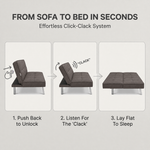 Britney Brown Click Clack Sofa Bed, 3 Seater Linen Blend Fabric Settee, Converts to Double Bed, Chrome Legs