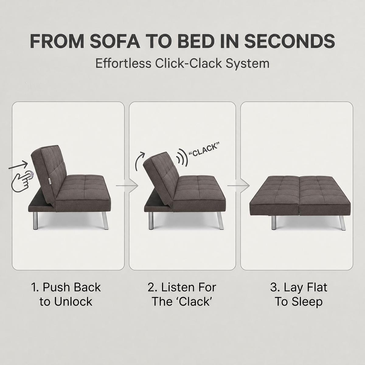 Britney Brown Click Clack Sofa Bed, 3 Seater Linen Blend Fabric Settee, Converts to Double Bed, Chrome Legs