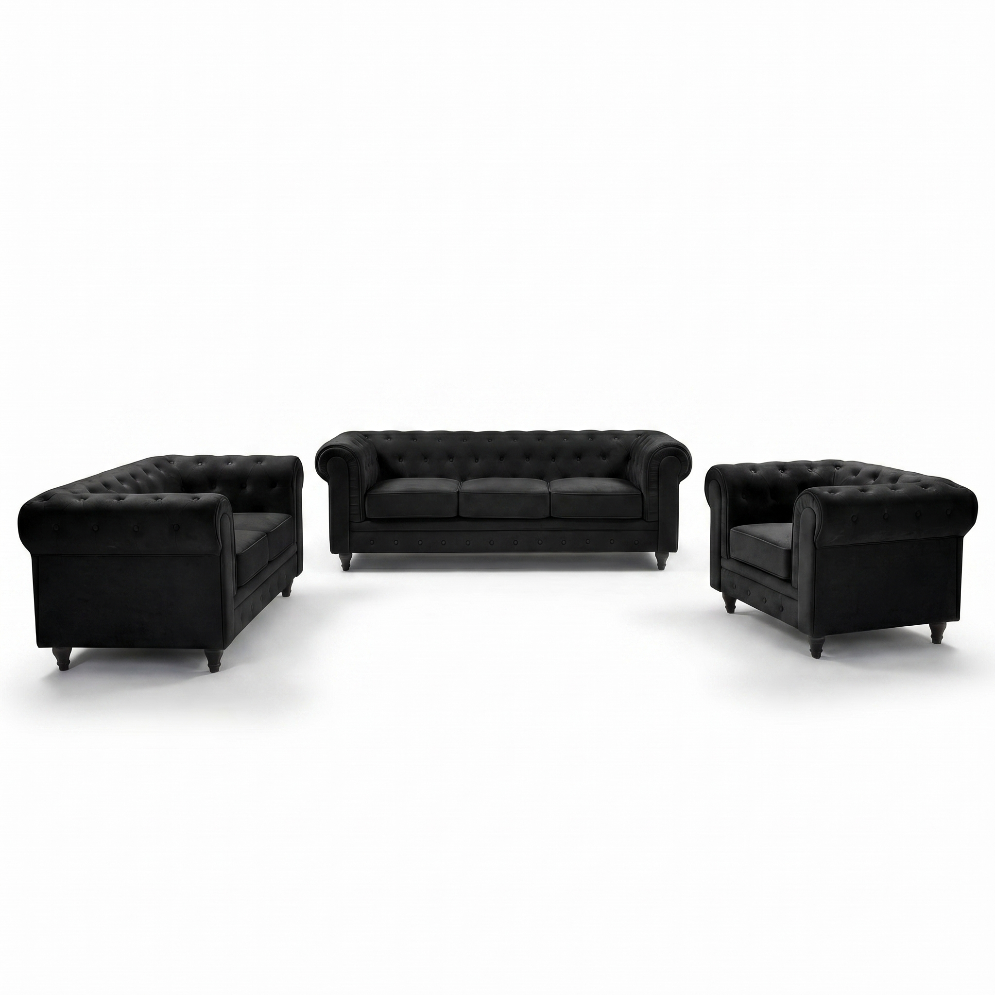 Chesterfield Velvet Sofa Suite, Black 3 Piece Set with Armchair, 2 Seater and 3 Seater Sofa, Button Back