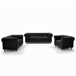 Chesterfield Velvet Sofa Suite, Black 3 Piece Set with Armchair, 2 Seater and 3 Seater Sofa, Button Back